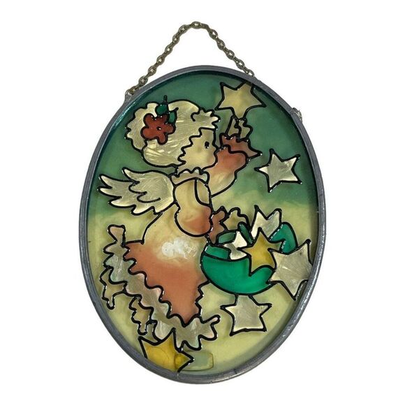 Vintage Stained Glass Suncatcher Angel Window Art Decoration Christmas 5" Decor - Picture 1 of 6